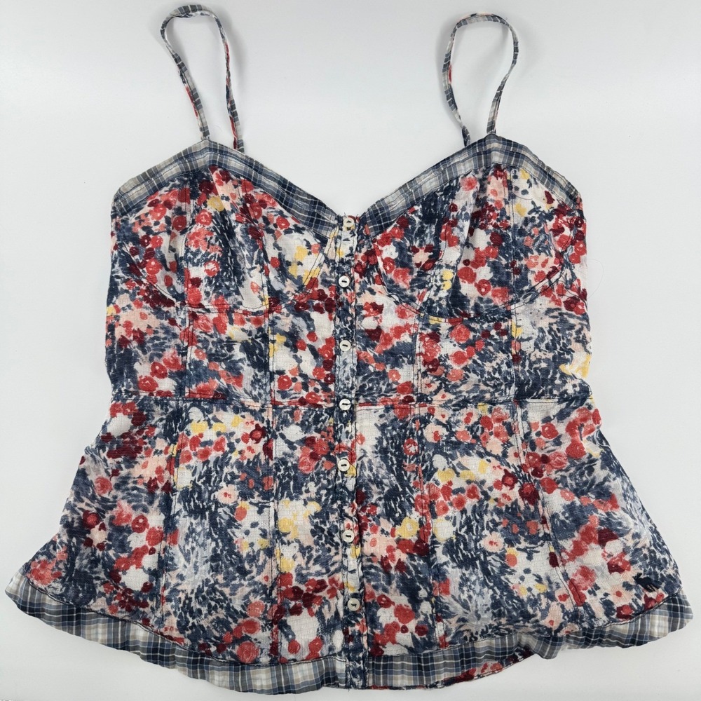 Abercrombie & Fitch Floral Plaid Bustier Cami Top Blue Red Large Smocked Back